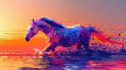 Abstract painting of a horse running through water at sunset. The horse is a mix of colors and the water is a vibrant blue and orange.