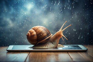 A snail slowly crawls on a phone, it's raining.