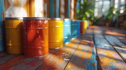 Poster - Colorful Barrels on a Wooden Table