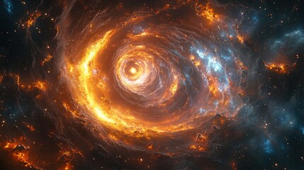 Wall Mural - A fiery spiral galaxy with a bright core and streaks of dust and gas.