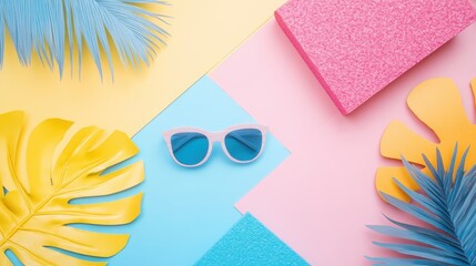 Bright summer background with colorful tropical leaves, sunglasses, and geometric shapes in vibrant pastel colors.