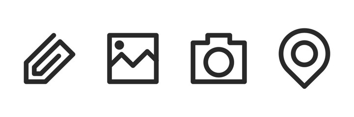 Wall Mural - image, camera, map pin and paper clip symbol set isolated on white background. vector icons in flat 