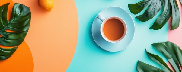 Vibrant flat lay of a cup of tea on a colorful background with tropical leaves and a lemon, highlighting a refreshing and artistic morning setup.