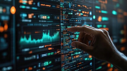 Poster - Businessman analyzing financial data on transparent interactive screen