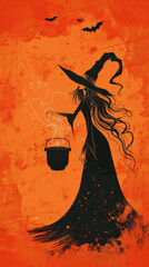 A retro vintage Mid century modern Halloween witch stirring a cauldron with flying bats cartoon illustration on nostalgic orange background