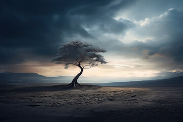 A lonely tree in the desert under a dark grey sky