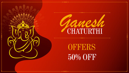 Wall Mural - The banner features Ganesh Chaturthi in gold text on a deep red background with a golden mandala Lord Ganesha's silhouette and 50% OFF offer below

