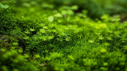 Poster - Vibrant green moss growing on a forest floor, highlighting its texture