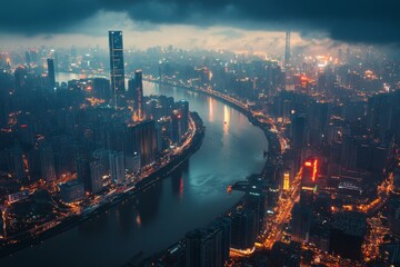 Poster - The vibrant skyline of a modern city glows at night, showcasing tall buildings and a winding river reflecting the lights, creating a captivating urban landscape