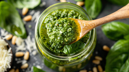 a jar of homemade basil pesto, surrounded by fresh basil leaves, pine nuts, and Parmesan cheese, with a wooden spoon dipped in the pesto