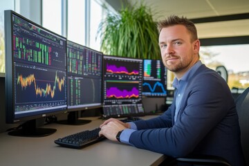 Wall Mural - A financial analyst sits at a sleek desk focused on several monitors filled with dynamic market data and analytics in a contemporary office setting