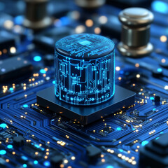 A blue computer chip with a glowing blue center