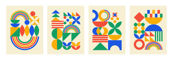 Poster - Abstract set backgrounds with colorful geometric elements. Trendy minimalistic artistic print. Vector illustration