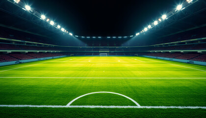 A brightly lit soccer field viewed from above, glowing under stadium lights, highlighting the clear lines and vivid green of the pitch isolated with white highlights, png