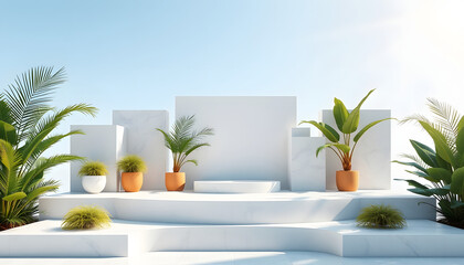 Wall Mural - Modern podium with geometric shapes and tropical plants in bright sunlight isolated with white highlights, png