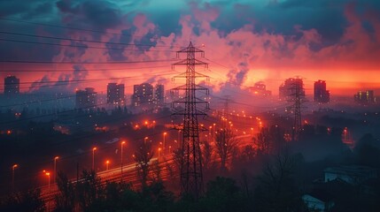 Poster - Cityscape at Dusk with a Power Line