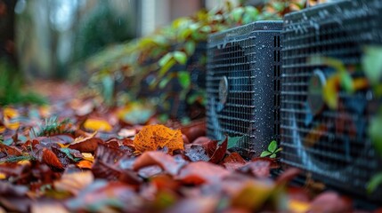 Wall Mural - Autumn Leaves and Metal Grating