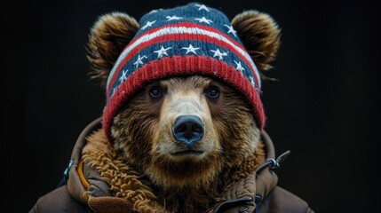 Poster - Bear Wearing American Flag Beanie