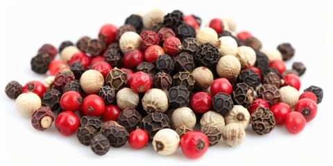 Peppercorn Mix. Heap of Black, Red, White, and Allspice Peppercorn Seeds Isolated on White Background