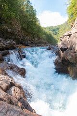 Wall Mural - A stormy mountain river flowing in a narrow rocky gorge