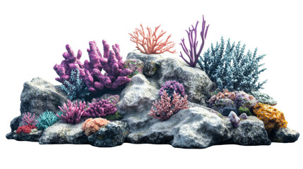 Detailed and isolated tropical coral reef on rocks, showcased against a transparent background, suitable for environmental projects.