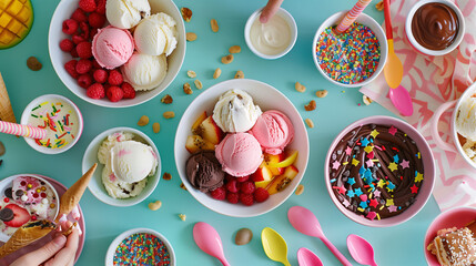 a customizable ice cream sundae bar, with an array of ice cream flavors, toppings like sprinkles, nuts, chocolate syrup, and fruit, all set on a bright, summery table with pastel napkins and spoons