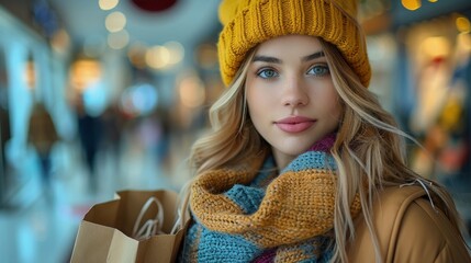 Canvas Print - Young woman in a yellow beanie and scarf