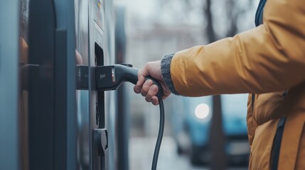 Close up of individual holding power supply cable at electric vehicle charging point