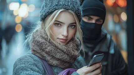 A young woman in a knitted hat and scarf looks at a smartphone while standing near a man wearing a black balaclava.