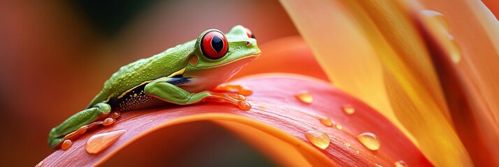 Green tree frog with red eyes perched on an orange flower petal.