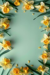 Wall Mural - vertical yellow daffodils flowers frame on blue background top view, beautiful floral template with copy space