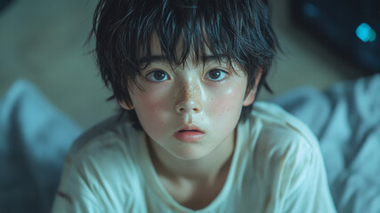 A close-up shot of an 8-year-old Korean boy in a worn-out white T-shirt, looking up in fear inside a dark, cluttered room.