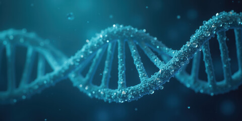 Wall Mural - blue dna structure with drops - scientific background for healthcare, genetic research and medicine