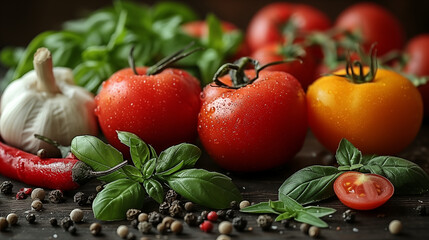 Wall Mural - Fresh tomatoes, basil leaves, and garlic on wooden surface, showcasing ingredients for Italian cuisine. Concept of healthy cooking and Mediterranean diet.