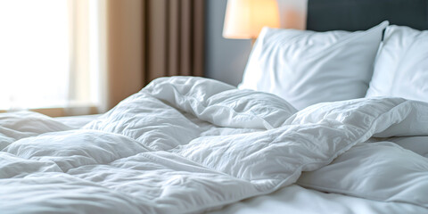 soft white duvets and pillows, close-up, reflecting essence of winter preparation, household chores and maximum comfort in home textiles, are suitable for decorating hotels and home improvement blogs