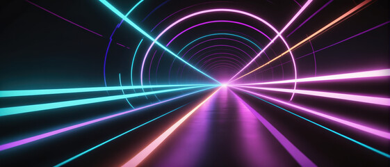 Wall Mural - Glowing Neon Lines and Circles in futuristic tunnel, Abstract Background Design.  Neon Abstract 3D, Virtual Space, Tunnel of Light