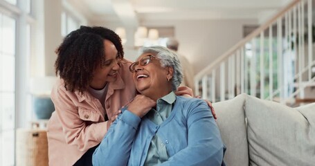 Sticker - Woman, senior mom and kiss on sofa with love, bonding and care with laugh in family house. People, mother and daughter with hug, reunion and excited with connection in living room at home in Brazil