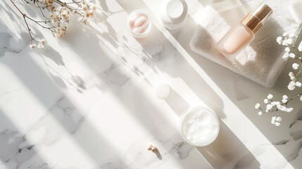 Sticker - Beauty product flat lay mockup on marble table with sunlight in top view.