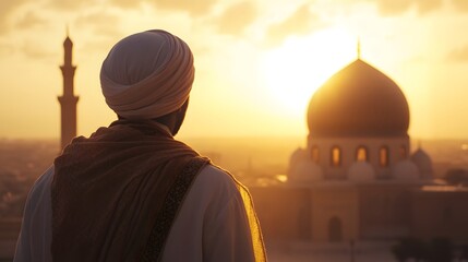 A cinematic movie poster of an old man in Arabic standing at the entrance to a mosque, viewed from behind him with dramatic lighting and the mosque visible through an archway behind him