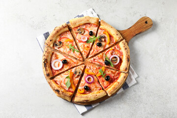 Sticker - Cut delicious vegetarian pizza on light table, top view