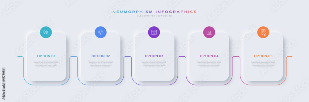 Neumorphism design infographic, 5 step timeline illustration. Minimal ...