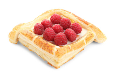 Wall Mural - Tasty puff pastry with raspberries isolated on white