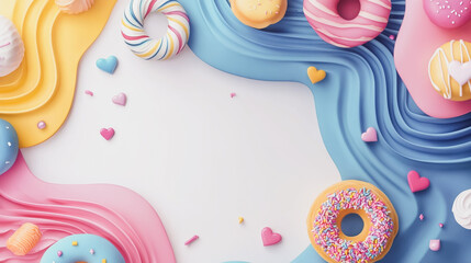 Wall Mural - Abstract white background with pastel colorful 3D overlap layer on dark space with turkey Donuts and hearts decoration. Modern graphic design element motion style concept for banner, flyer, card,	