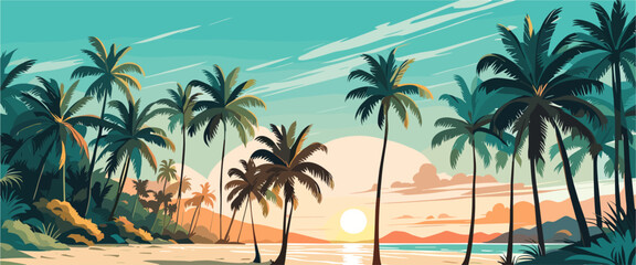 Wall Mural - Tropical Sea beach sunset background, landscape with sand beach, sea water edge and palm trees. Colorful vector art illustration, banner, wallpaper	