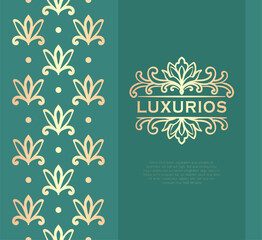 Wall Mural - Golden frame with vector ornament on a green background. Elegant, classic elements. Can be used for jewelry, beauty and fashion industry. Great for logo, emblem, or any desired idea.