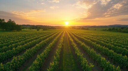 Wall Mural - sunset over lush vineyard rows showcasing vibrant grapevines in a picturesque countryside landscape