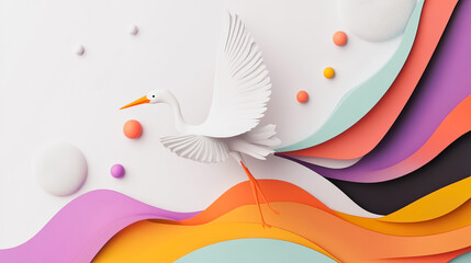 Wall Mural - Abstract white background with pastel colorful 3D abstract background overlap layer on dark space with Stork decoration. Modern graphic design element motion style concept for banner, flyer, card, br