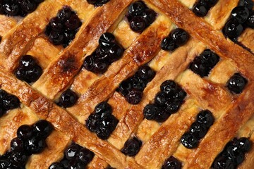 Wall Mural - Tasty homemade pie with blueberries as background, top view