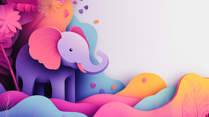 Wall Mural - Abstract white background with pastel colorful 3D abstract background overlap layer on dark space with elephant decoration. Modern graphic design element motion style concept for banner, flyer, card, 