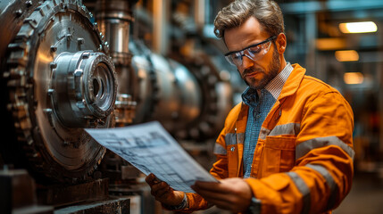 Poster - Engineer in Orange Safety Gear Inspecting Heavy Machinery with Technical Plans in Industrial Setting, Evening Time, Focused and Professional for Workplace Safety and Efficiency